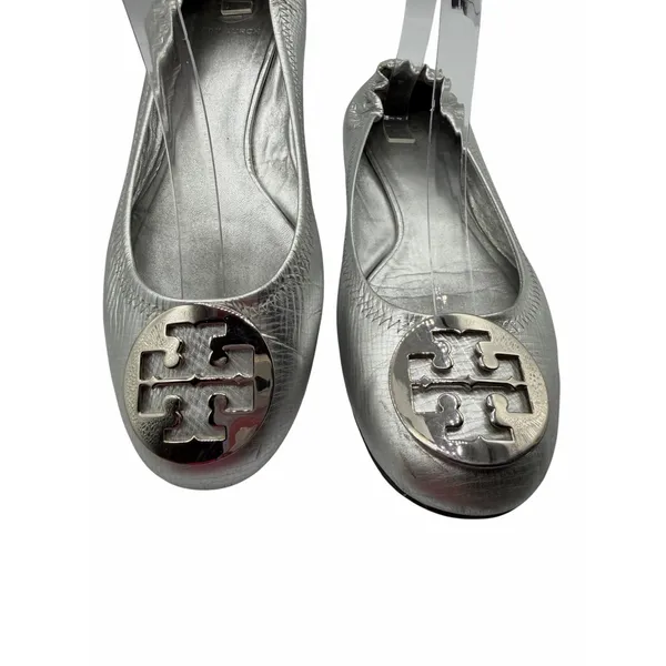 Tory Burch Reva Flats Silver Metallic‎ Leather Logo Medallion Shoes Size 10 Y2K - Image 13