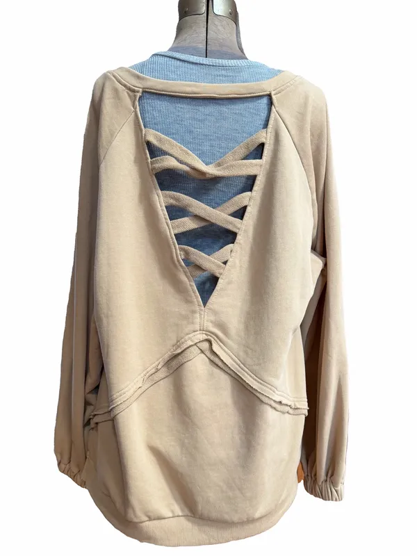 POL French terry pullover sweatshirt crisscross strappy open-back raw hem detail - Image 5