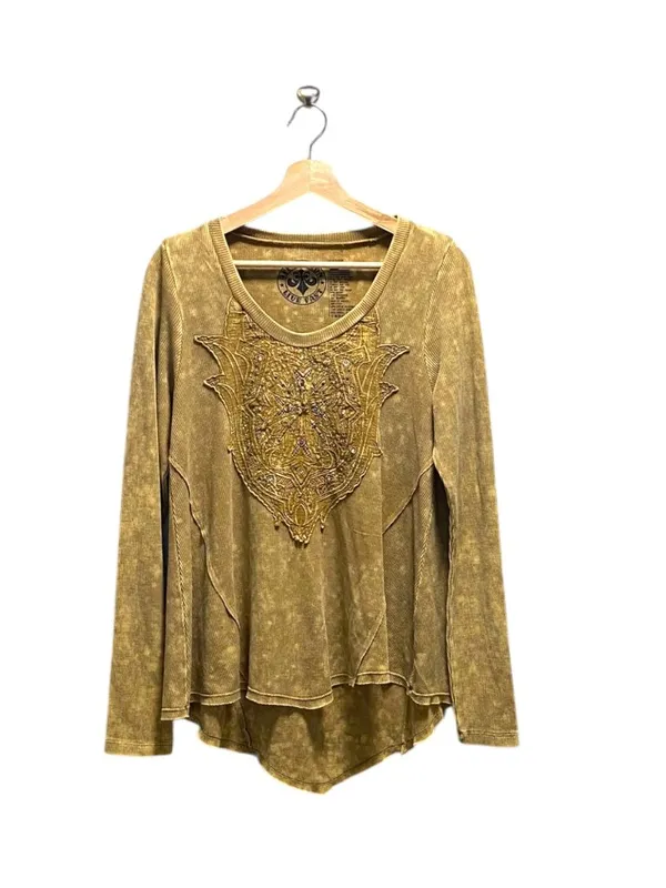 Affliction Long Sleeve Waffle Knit Top Mustard Size L Y2K Casual Punk Neutral - Image 2
