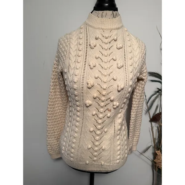 Sézane La Maille Wool Pom Pom Pointelle Cable Knit Sweater Cream XS Mock Neck‎ - Image 2