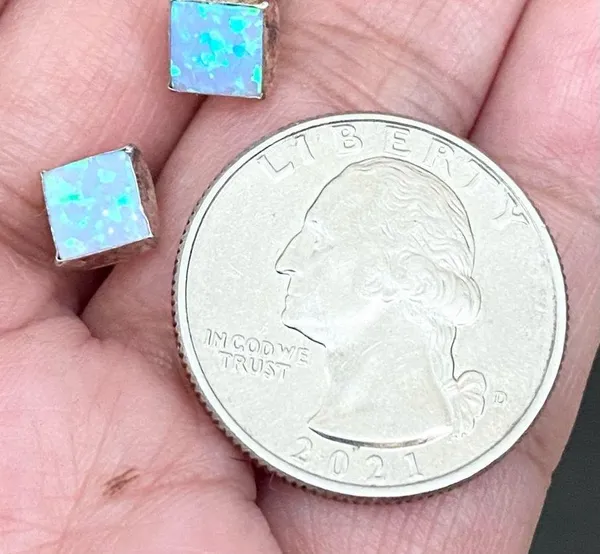 925 Sterling Silver Blue Opal Square Small Stud Earrings - Image 3