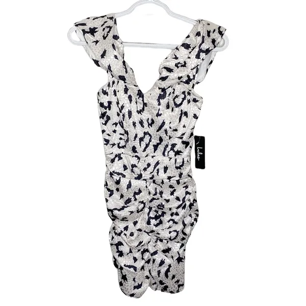 Lulus It's Fierce Ivory Leopard Print Satin Off-the-Shoulder Dress size XS - Image 4