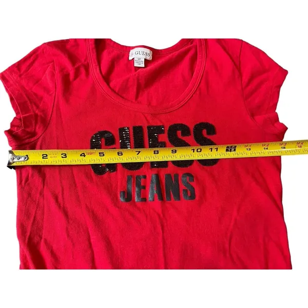 VTG 90s 2000s Y2K Red Cap Sleeve Guess Embellished Beaded Logo Tee Top S - Image 7