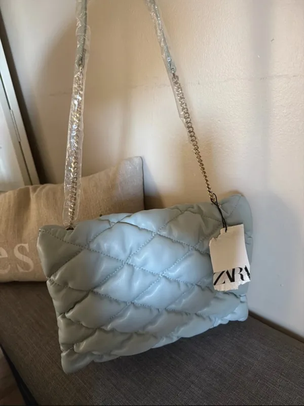 Zara Quilted Chain-Shoulder Bag - Light Gray - Image 11