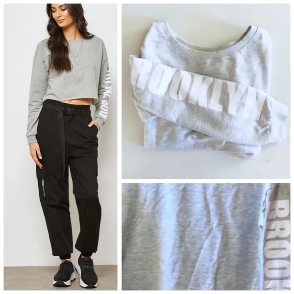 BROOKLYN Graphic Letter Cropped Long Sleeve Grey Sweatshirt, Lightweight sz. S - Image 2