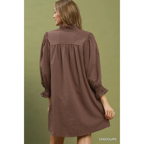 Umgee Textured Puff Sleeve Mini Dress - Chocolate - Small - Image 3