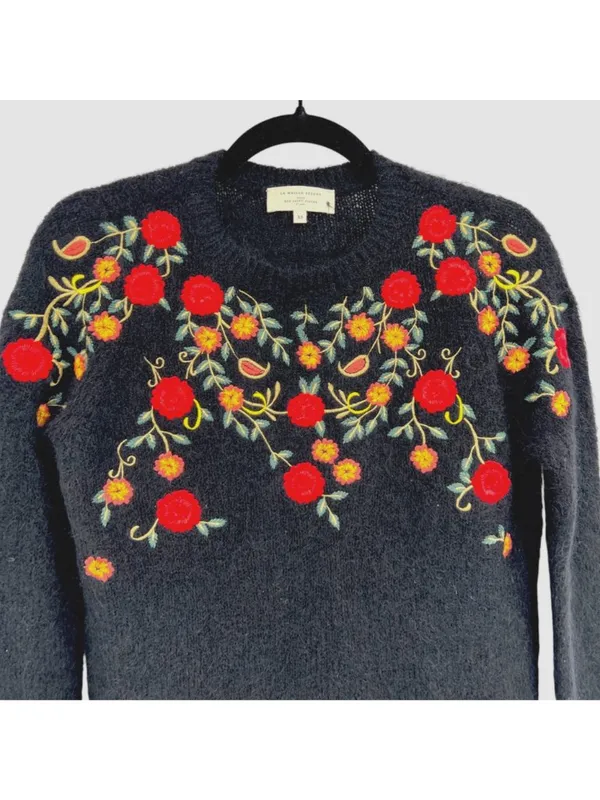 Sézane La Maille Black Sweater Floral Embroidery Size XS Cottage Folk Nouveau - Image 2