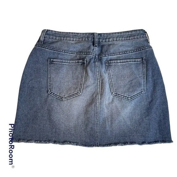 PacSun Blue Denim Mini Skirt Distressed Raw Hem Side Stripe Womens Size 28 - Image 4