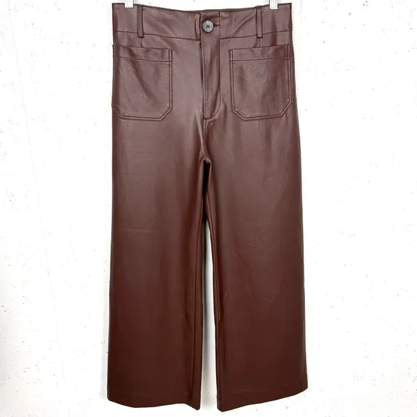 Anthropologie Maeve Colette Faux Leather Cropped Wide Leg Pants Brown Size 28 - Image 3