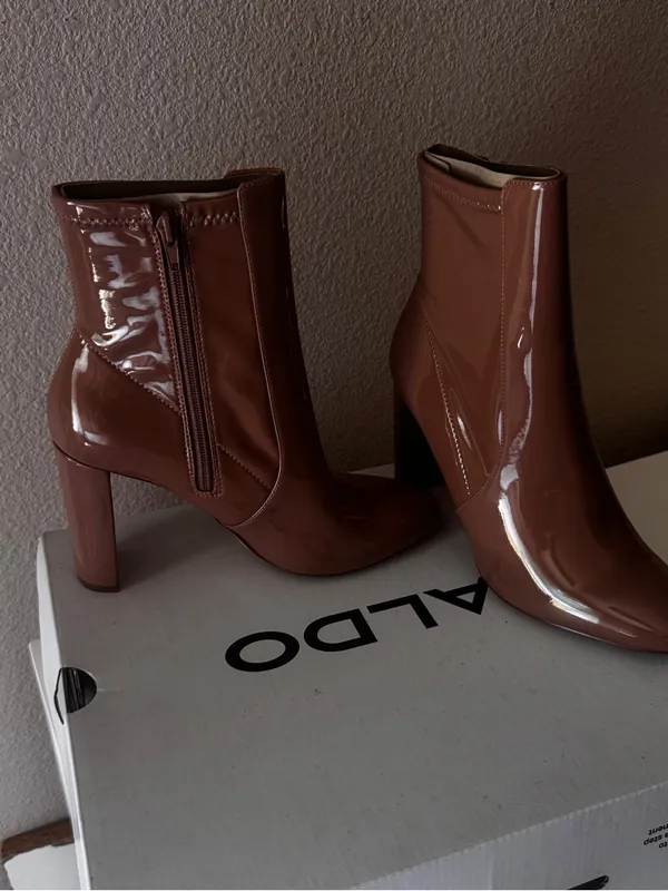 Patent Leather Nude Mid-Calf Block Heel Boots - Women - Image 12
