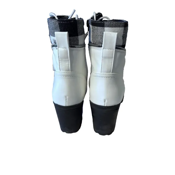 Yoki Womens's Zipper Laces Platform Combat White Black Plaid Chunky Heel Boots 8 - Image 5
