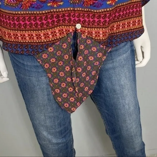 New Direction Boho Floral Button Front Tie Hem Top Pink Purple Print Size L - Image 3