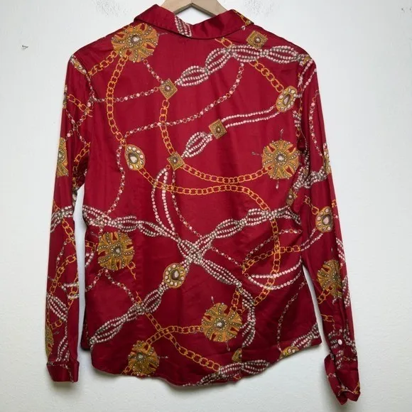 Talbots Women‎ Button Front Top Equestrian Large Red Chain Western Boho - Image 6