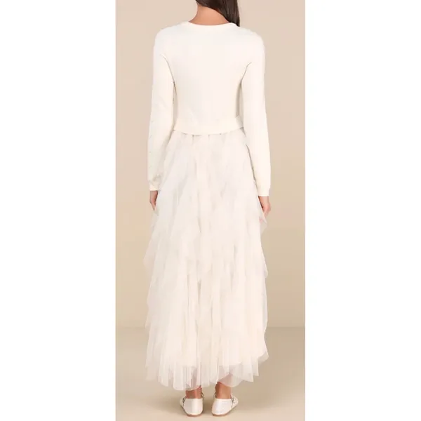 NWOT Lulus Size Small Ultimate Beauty Ivory Cable Knit Ruffled Tulle Maxi Dress - Image 2