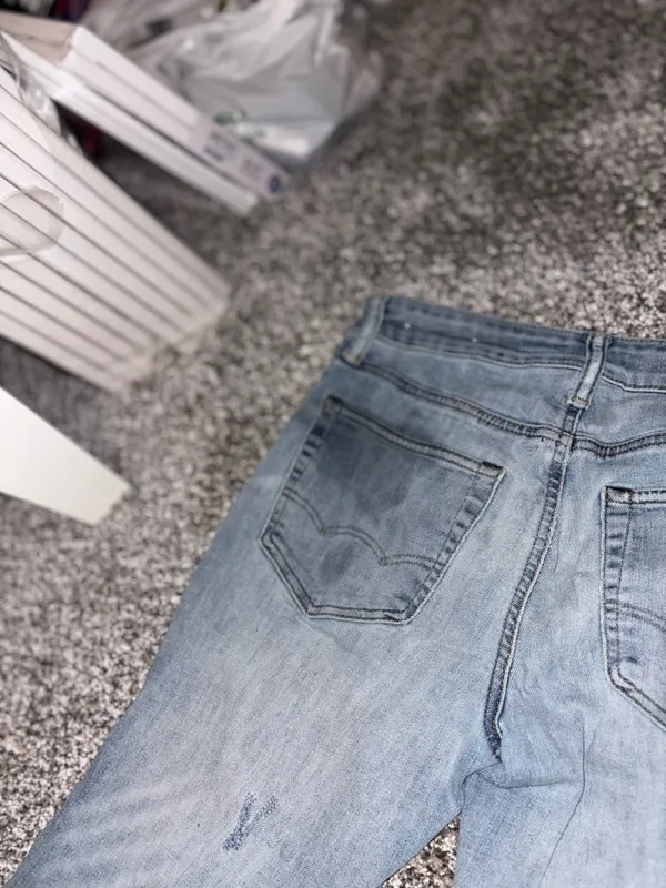 American Eagle Outfitters Slim Straight Light Blue Jeans with Paint Details - Image 10