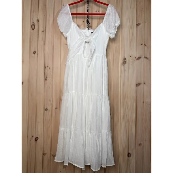 Lulus Darling Concept White Tiered Tie-Front Puff Sleeve Dress Classy Medium - Image 2