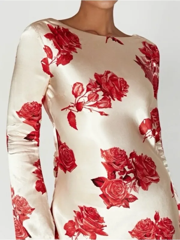 NWT MESHKI Davina satin long sleeve mini open back rose print dress size XS - Image 6