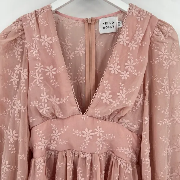 Hello Molly Flower Patch Mini‎ Dress Size 2 XS Pink Long Sleeves Floral Feminine - Image 5