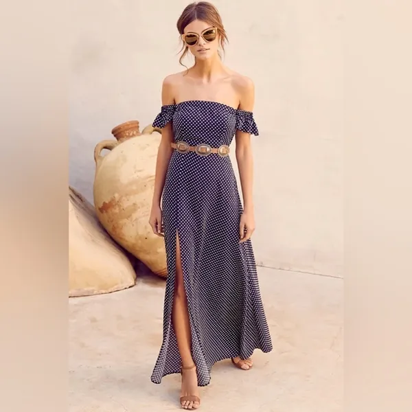 Lulus Dream Love Polka‎ Dot Off-the-Shoulder Maxi Dress In Navy Blue Size Small - Image 10