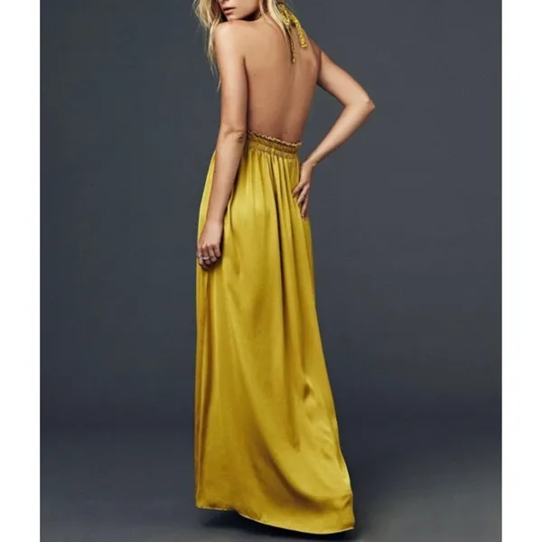 LoveShackFancy Golden Satin Plunge V-Neck Braided Halter Open Back Maxi Dress - Image 7