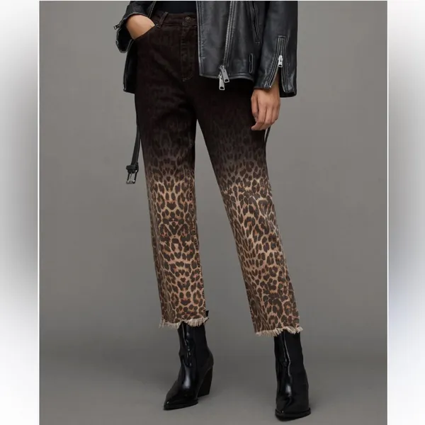 All Saints Gray Leopard Print Jeans 27 High rise Straight Leg Denim Cropped Rock - Image 3