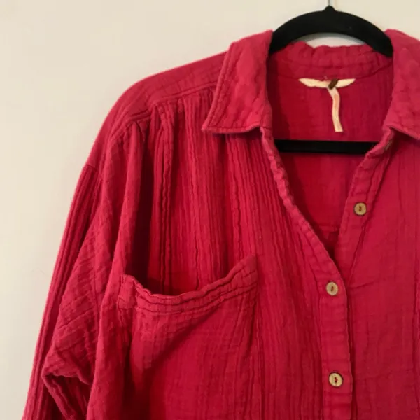 Free People Hot Pink Oversize Boho Button Down Shirt Loungewear Minimalist Small - Image 3