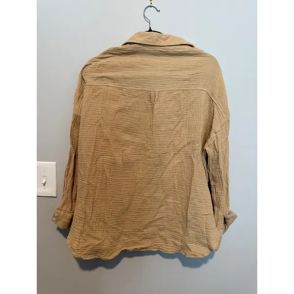 SHEIN Women Tan Cotton Gauze Button Down Shirt Long Sleeve Crinkle Top Small - Image 5