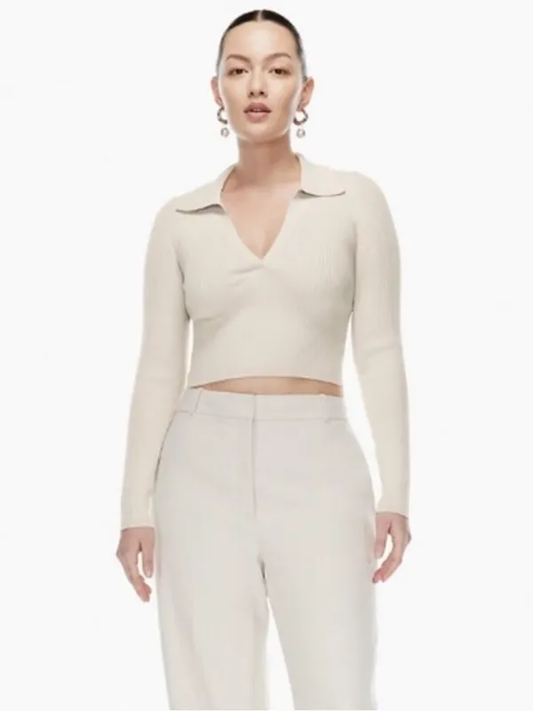Aritzia Babaton Sculpt Knit Long Sleeve Polo Beige Taupe S - Image 4