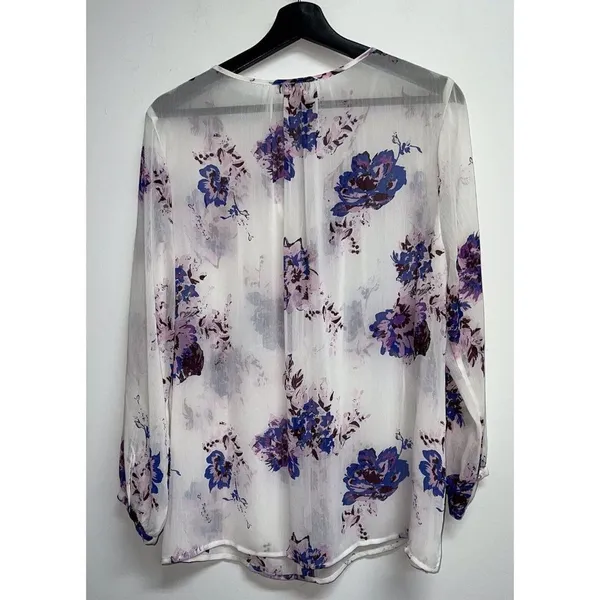 Lucky Brand Womens Sheer Floral Top Size L White Purple Blue Floral Popover - Image 5