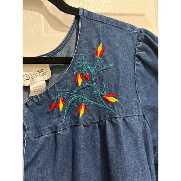 Cozee‎ Corner Embroidered Chambray House Dress Floral Cotton 2X - Image 4