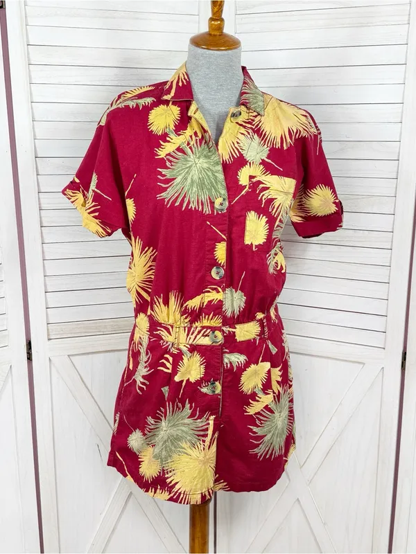 Free People Malibu‎ Tropical Palm Leaf Romper Maroon Red Yellow Small Campy - Image 2