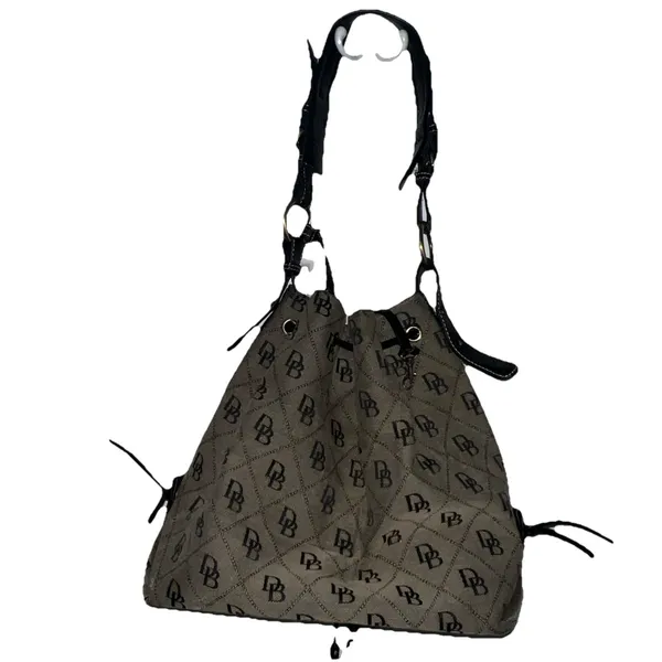 Dooney & Bourke Signature DB Monogram Drawstring‎ Bucket Shoulder Bag Black Gray - Image 4