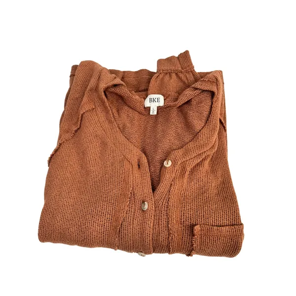 BKE Womens Oversized Thermal Henley Hoodie Rust‎ Brown Waffle Knit L - Image 6