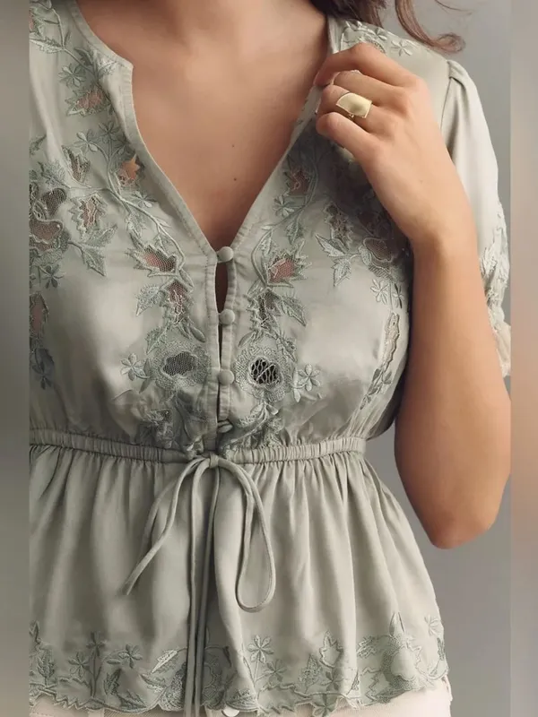 Anthropologie Blue Floral Embroidered Lace V Neck Peplum Blouse Size M - Image 2