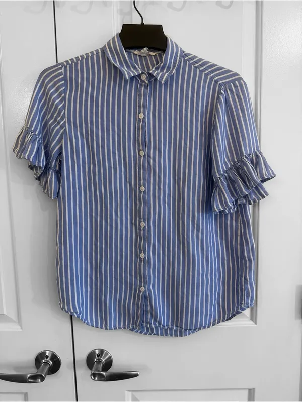 beachlunchlounge Blue and White Striped Button-Down Ruffle Sleeve Blouse - Image 2