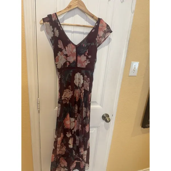 Abercrombie Womens Floral Maxi Dress Size XXS Tall Burgundy Lace - Image 3