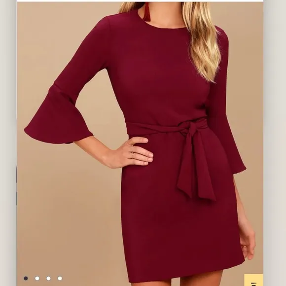 Lulus Last Love Song Burgundy Tie Waist 3/4 Bell‎ Sleeve Dress MEDIUM - Image 2