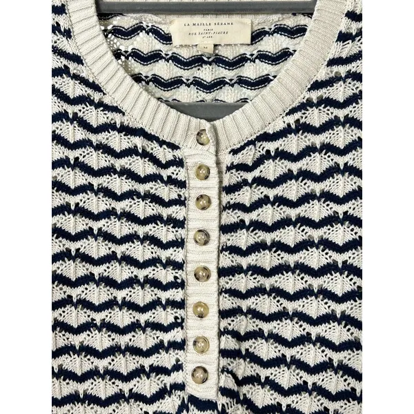 Sezane Mae Jumper Ecru Ocre Organic Cotton Chevron Pointelle Knit Henley Top M - Image 3