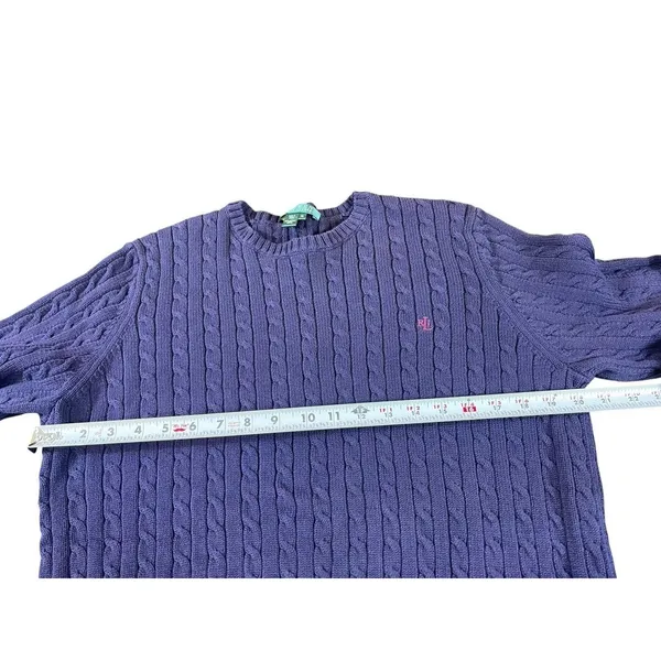 Lauren Ralph Lauren Cable Knit Sweater Deep Purple Cotton Crewneck Logo Preppy - Image 4