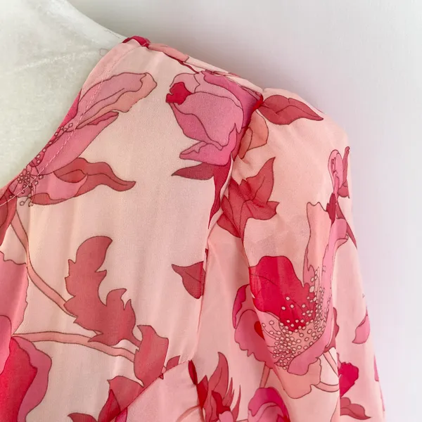 New Floral Print Twist Keyhole Front Long Sleeve Dress Pink Size XL - Image 12