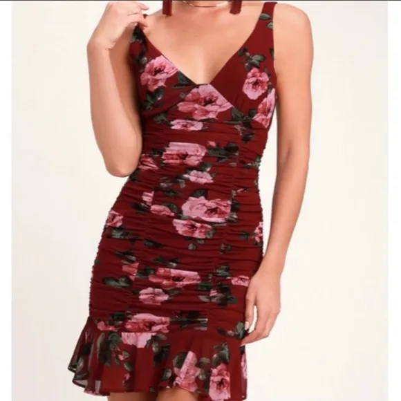 Lulus Amore To See Burgundy Floral Ruched Dress Size M NWT‎ - Image 2