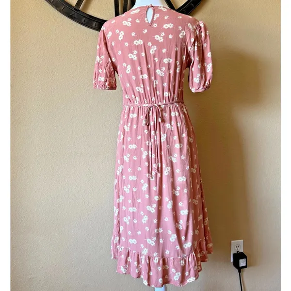 Bohme Cottagecore Short Sleeve Midi Dress Peach Floral Daisy Womens Small - Image 4