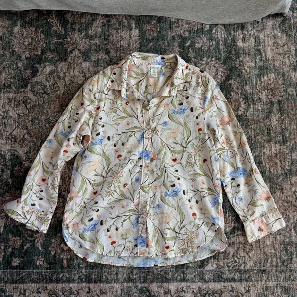 H&M Floral Linen Button Down M Long Sleeve Cottage Garden Preppy Grandma Chic - Image 5