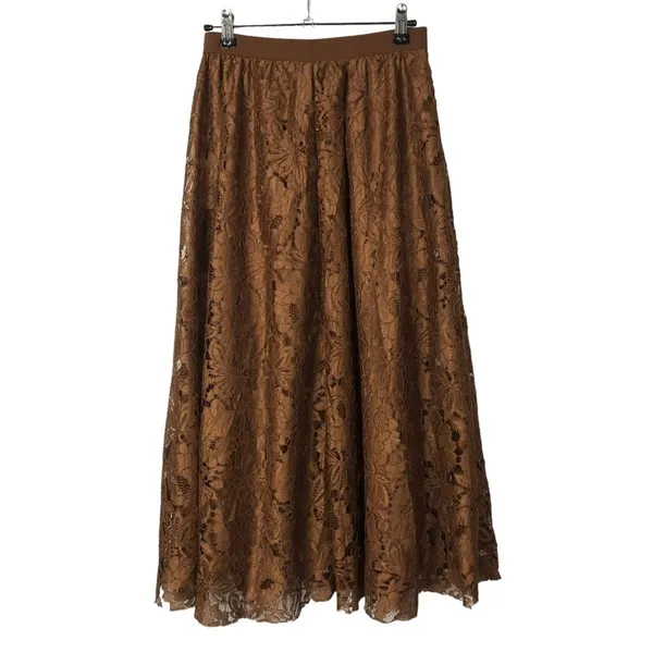 Boutique Brown Lace High Waist A-Line Midi Skirt 4‎ - Image 2