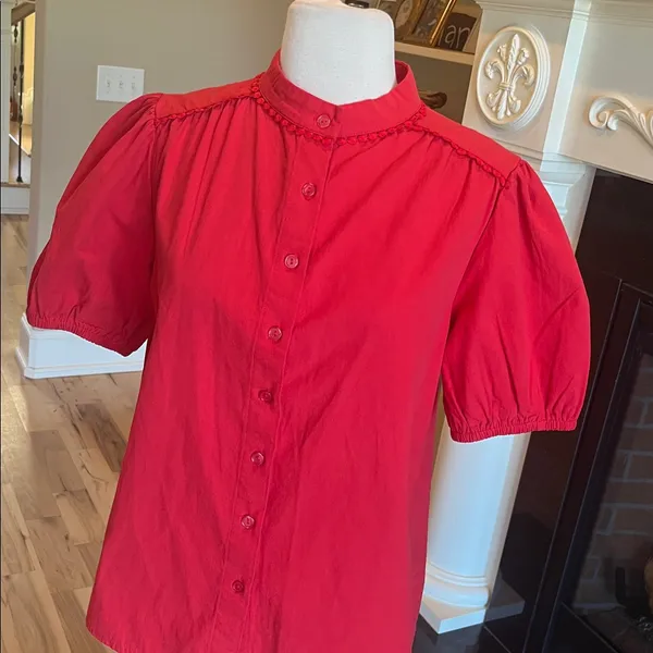 Red Cotton Puff Sleeve Blouse - Image 4