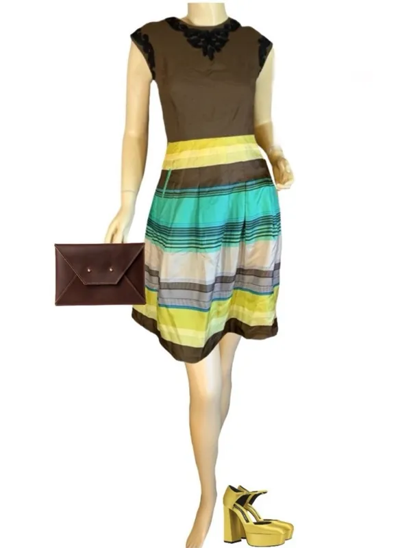 Banana Reppublic Green , Brown & Blue Stripe Silk Round Skirt Nwt (8) - Image 2