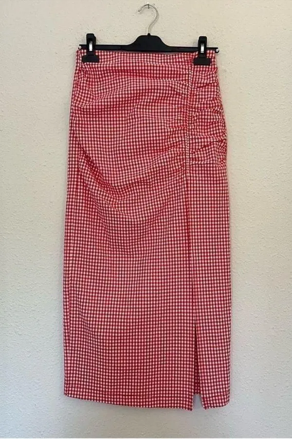 Zara Red Gingham Hi-Rise Midi Skirt Size Small - Image 4