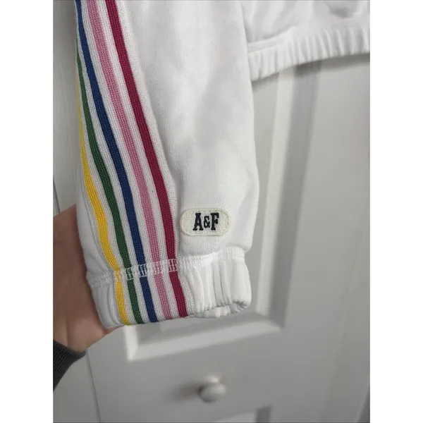 Abercrombie & Fitch Rainbow Stripe Cropped Sweatshirt Womens Size S White Y2K - Image 5