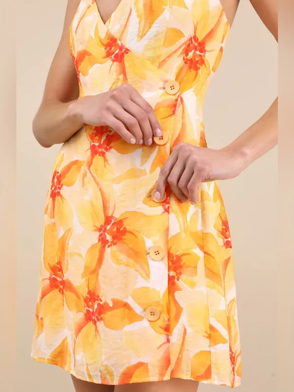 Lulus Prue Orange Floral Halter Mini Dress Size large Sleeveless V Neck Vacation - Image 4