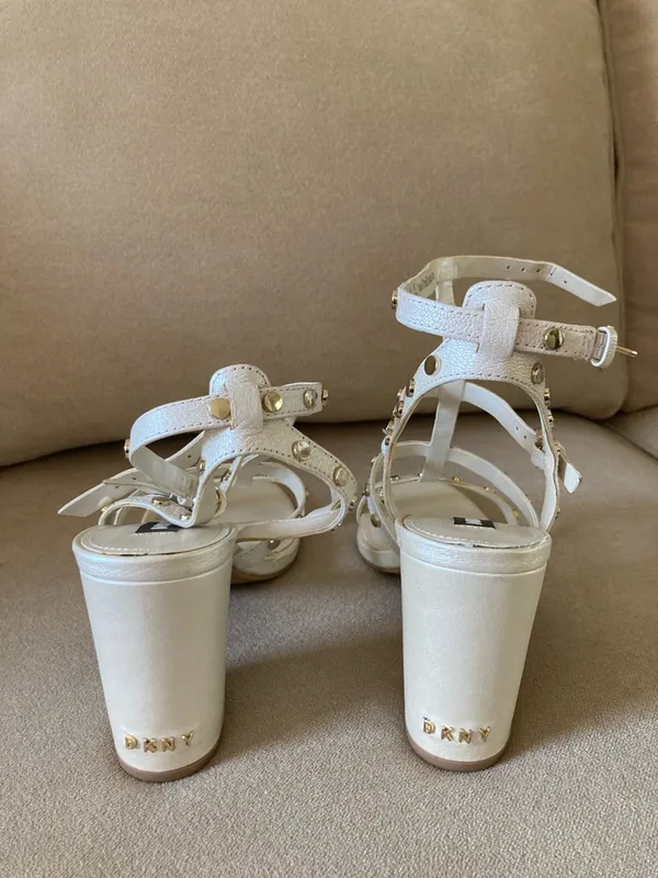 DKNY Ivory Strappy Studded Block Heel Sandals - Image 5